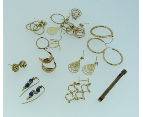 A collection of unmarked yellow metal Earrings, weighable 9.1g, together with an attractive pair of Drop Earrings, in yellow 