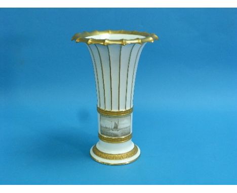 A Royal Copenhagen porcelain Vase, of fluted trumpet form with moulded bands and gilt highlights, the girdle decorated with a