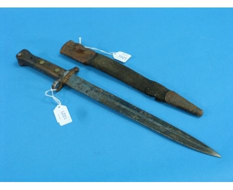 A Victorian Boer War period rifle Bayonet, and scabbard, the 11¾in blade marked with crown VR, blade tarnished and scabbard i