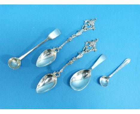 A silver Caddy Spoon, by Francis Howard Ltd., hallmarked Sheffield 1973, together with a pair of Continental silver spoons, i