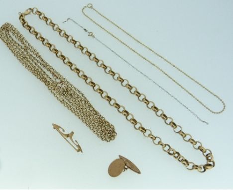 A 9ct yellow gold circular link Necklace, one link damaged, together with a long 9ct yellow gold oval link chain, two replace