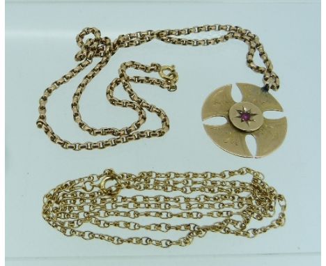 A Victorian 9ct rose gold Maltese Cross Pendant, the centre gypsy set with a ruby, on a 9k rose gold chain, approx total weig