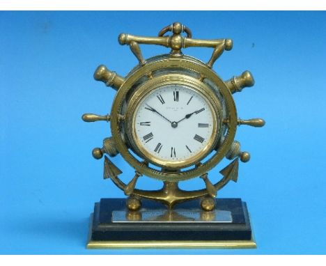 A late 19th century French gilt brass 8-day 'Marine' Mantel Clock, the circular dial with black Roman numerals within a frame