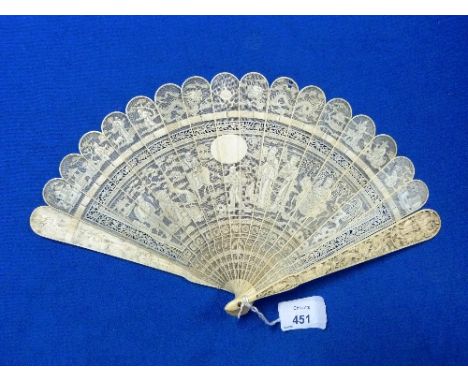 A 19thC Chinese Canton export Ivory Brisé Fan, with guardsticks carved in relief each side with figures, dragons, flowers and