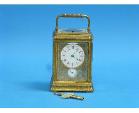 A French engraved gilt-brass striking and repeating 8-day Carriage Clock with alarm, Joseph Soldano, No.4946. circa 1880's, t