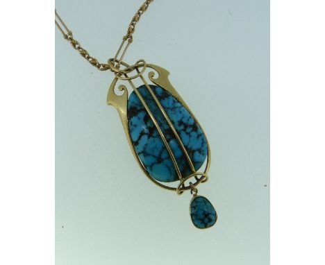 An attractive Arts & Crafts 15ct gold and turquoise Pendant, by Murrle Bennett, the teardrop shaped turquoise centre with fin