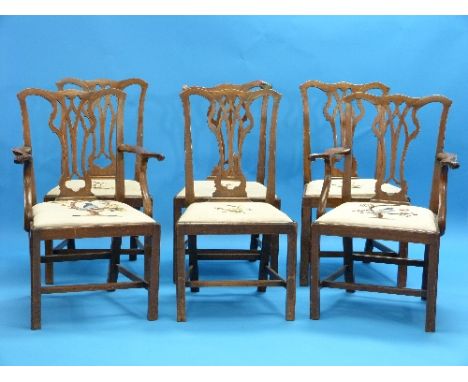 A Set of Six Late 19thC Chippendale Style mahogany Dining Chairs, with pierced splat, drop in seats and canted legs, comprisi