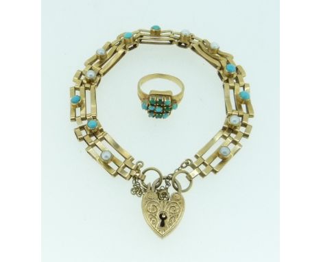A 9ct yellow gold Gate-link Bracelet, set diagonally with two seed pearls and two turquoise, with 9ct yellow gold padlock cla