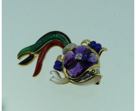 A fun 14k yellow gold and multi-gem set Brooch, in the form of a fish, the body with four facetted amethysts with diamond poi