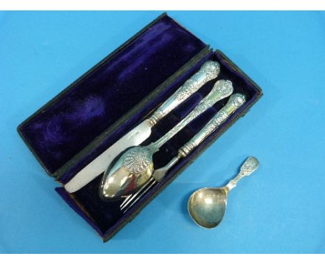 A silver Caddy Spoon, by Francis Howard, hallmarked Sheffield, 1970, together with a matched case set of travelling flatware,