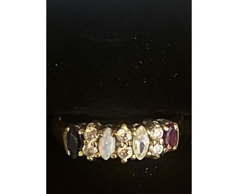 9ct Gold opal, sapphire, ruby &amp; cz stones Size M 