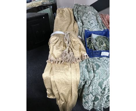 A pair of fully lined curtains with tie backs and swag, drop 210 cm