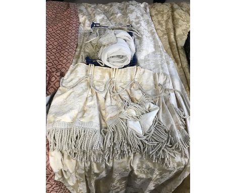 A pair of white and cream floral fully lined curtains with tie backs and swag, and extra liners, drop 280 cm