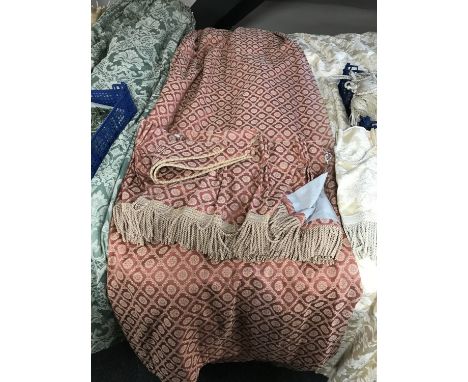 A pair of red and gold fully lined curtains with tie backs and swag, drop 230 cm