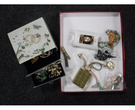 A three drawer glass trinket box containing costume jewellery, lady's watches, pair of 9ct gold earrings etc 