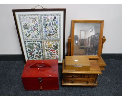 A tapestry fire screen, pine dressing table mirror, four drawer miniature chest, oak cigarette box and a jewellery casket  