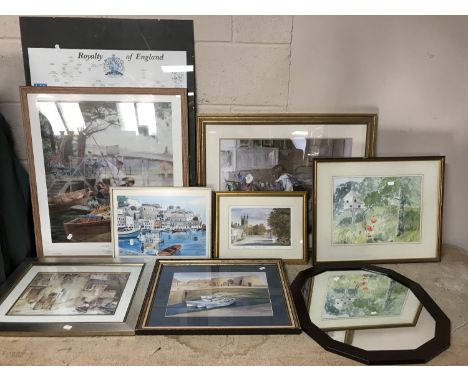 A quantity of framed prints to include Sir William Russell Flint, framed Hector Saffieri print and a mahogany framed mirror 
