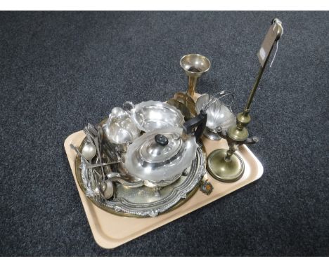 A tray containing a brass oil burner together with assorted plated wares including a three piece tea service, miscellaneous c