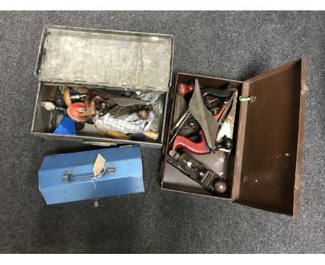Three metal tool boxes including hand tools, wood working plane and a pair of metal steps 