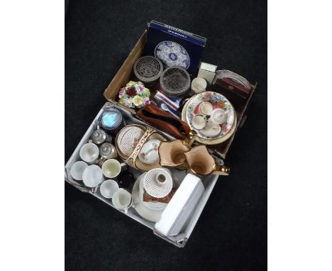 Two boxes of Maling bowls, child's tea service, metal ware, cased cutlery, crested spoons, beer steins etc 