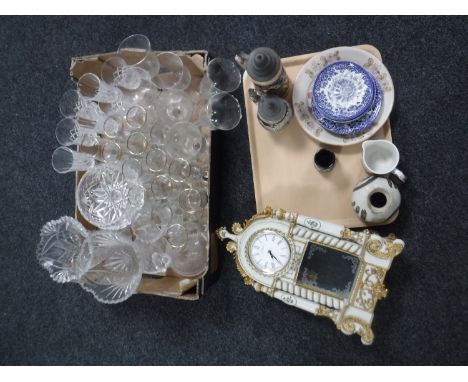 A box of assorted glass ware and a tray of Juliana mantel clock, beer steins, blue and white ware etc 