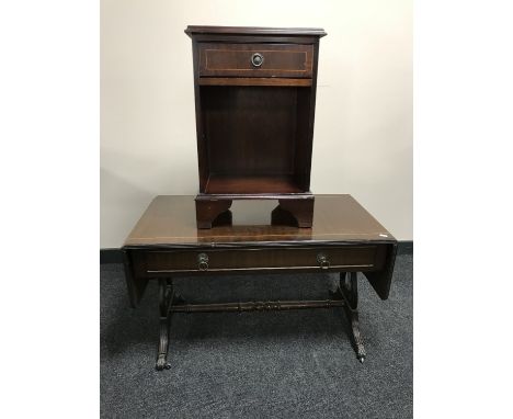 An inlaid mahogany sofa coffee table fitted with two drawers together with an inlaid mahogany cabinet fitted with two drawers