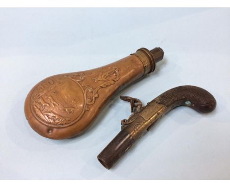 A small single barrel pistol, signed T. Richardson of London, and a copper powder flask, 15cm length