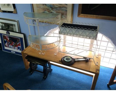 A light oak coffee table, walnut barometer, two metal work stands etc.