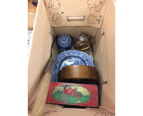 A box of assorted to include mantle clock, CWS biscuit tins, blue and white china etc.