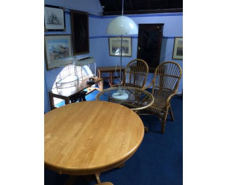 Three piece conservatory set, light wood circular breakfast table and a lamp