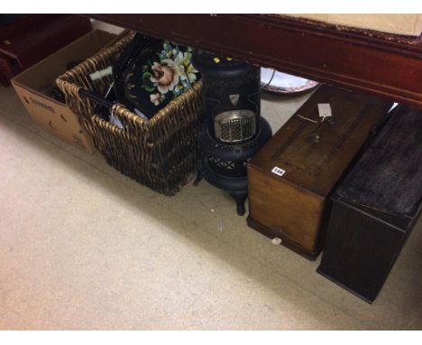 Sewing machine, paraffin lamp, two crackets, various light shades etc.
