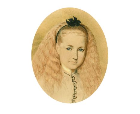 Circle of Frederick William Burton, Portrait of a young girl with long hair, watercolour, oval, 10.25" x 8.5".