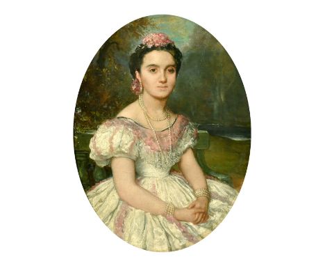 19th Century Continental School, A portrait of a seated lady in a parkland setting, oil on canvas, 16" x 13", oval.