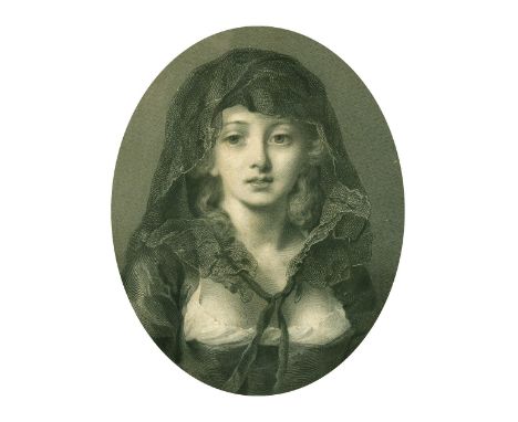 A 19th Century engraving of a bust length portrait of a female in a headdress, 8.5" x 6.75" oval.