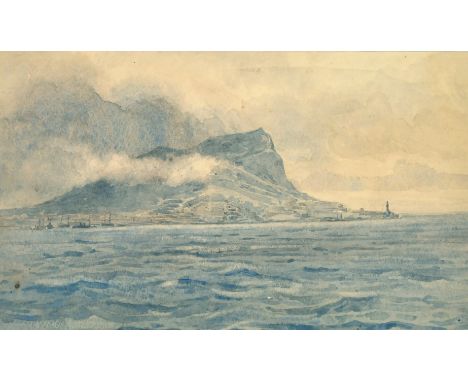 Circle of Norman Wilkinson (1878-1971) British, The Rock of Gibraltar viewed from the sea, watercolour, 5.5" x 9.25".