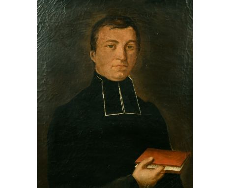 19th Century French School, A half-length portrait of a cleric, oil on canvas, 18.5" x 22.5", in a walnut frame.