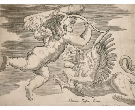 After Raphael, Cupid and the Dragon, an old master engraving, along with another similar, 5" x 6.5", (2) (unframed).