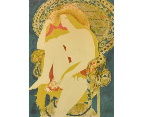 Alain Bonnefoit (b.1937) French, a seated female nude holding flowers, lithograph, signed and numbered 148/200 in pencil, 21.