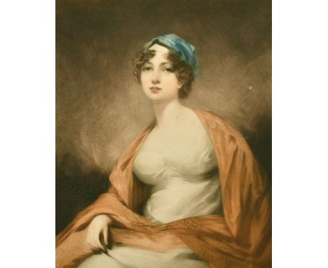 A mezzotint portrait of a seated lady, indistinctly signed in pencil, 13" x 10".