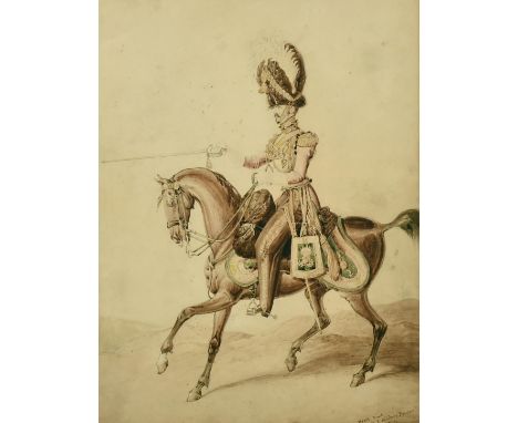 William Heath (1794-1840) British, a portrait of a mounted cavalry officer, watercolour, signed and inscribed 'William Heath 
