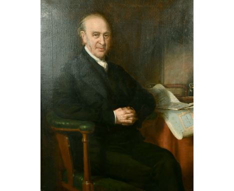 19th Century English School, a portrait of a seated gentleman with maps, oil on canvas, 44" x 34", unframed.