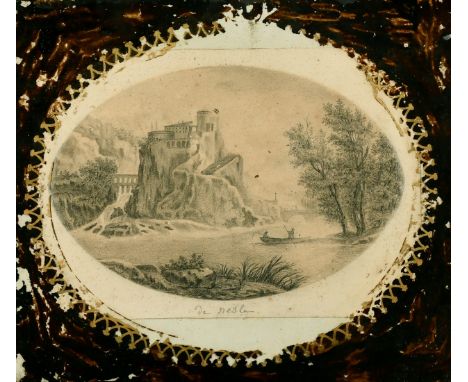 19th Century French School, A pencil sketch of a castle, 4.5" x 6.5" oval.