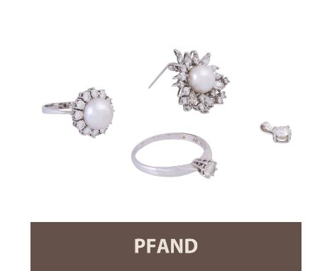 PFANDAUKTION - 1 Brosche, WG 18 K, m. Diam.- Tropfen, -Navette u. -Brillanten, Anhänger m. Diam. ca. 0,75 ct;1 Ring m. Diam c