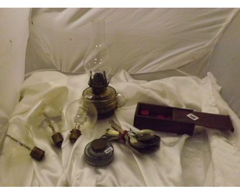 MISC LOT EARLY LIGHT BULBS & DOMINOES ,OIL LAMP ,ETC 