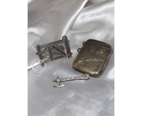 SILVER GATE BROOCH  SILVER AXE BROOCH & WHITE METAL VESTA CASE EST [£12 - £25]