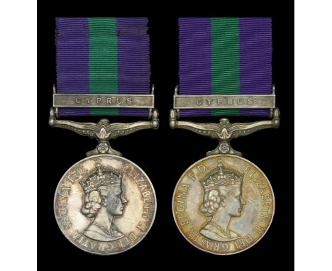 General Service 1918-62, 1 clasp, Cyprus (2) (23442568 Pte. W. G. Pearson. R.M.P.; 23513986 Pte. K. Watson. R.M.P.) minor edg