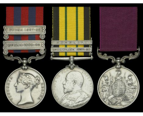 Three: Private F. Taylor, Hampshire Regiment  India General Service 1854-95, 2 clasps, Burma 1887-89, Burma 1889-92 (450 Pte.