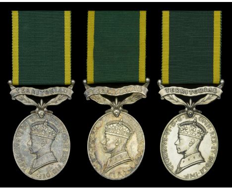Efficiency Medal (3), G.VI.R., 1st issue, Territorial (2) (5618571. Pte. S. J. Davey. Dorset.; 5332888 Cpl. E. W. Warren. R. 