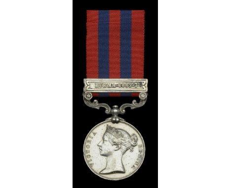 India General Service 1854-95, 1 clasp, Burma 1885-7 (D. C. Roberts, Clerk, R.N. H.M.S. Bacchante.) traces of lacquer, light 