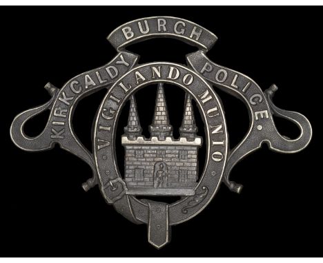Kirkcaldy Burgh Police First Pattern Helmet Plate. A very fine and most rare example in die-stamped blackened white metal, an